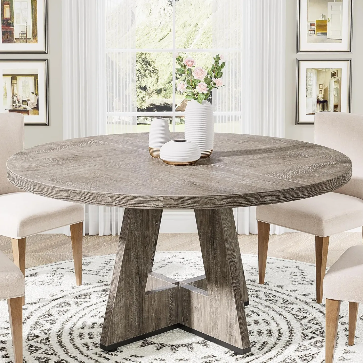47-Inch Round Farmhouse Dining Table for 4–6 with Cross-Style Pedestal Base