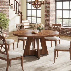 47-Inch Round Farmhouse Dining Table for 4–6 with Cross-Style Pedestal Base