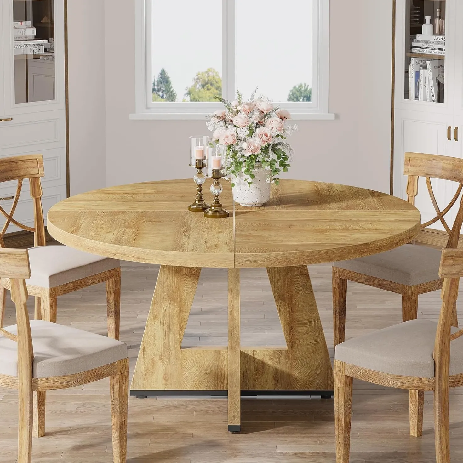 47-Inch Round Farmhouse Dining Table for 4–6 with Cross-Style Pedestal Base