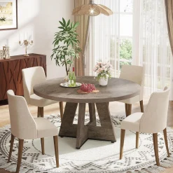 47-Inch Round Farmhouse Dining Table for 4–6 with Cross-Style Pedestal Base