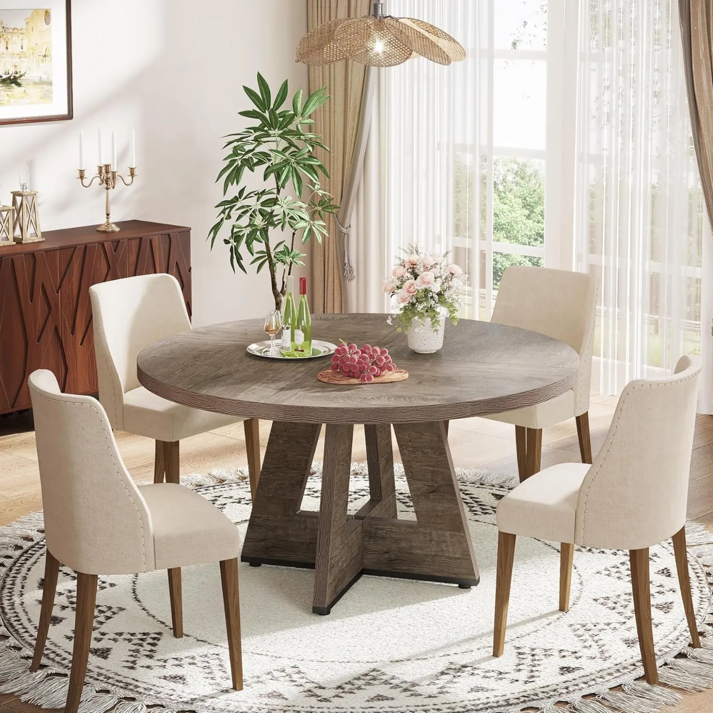 47-Inch Round Farmhouse Dining Table for 4–6 with Cross-Style Pedestal Base