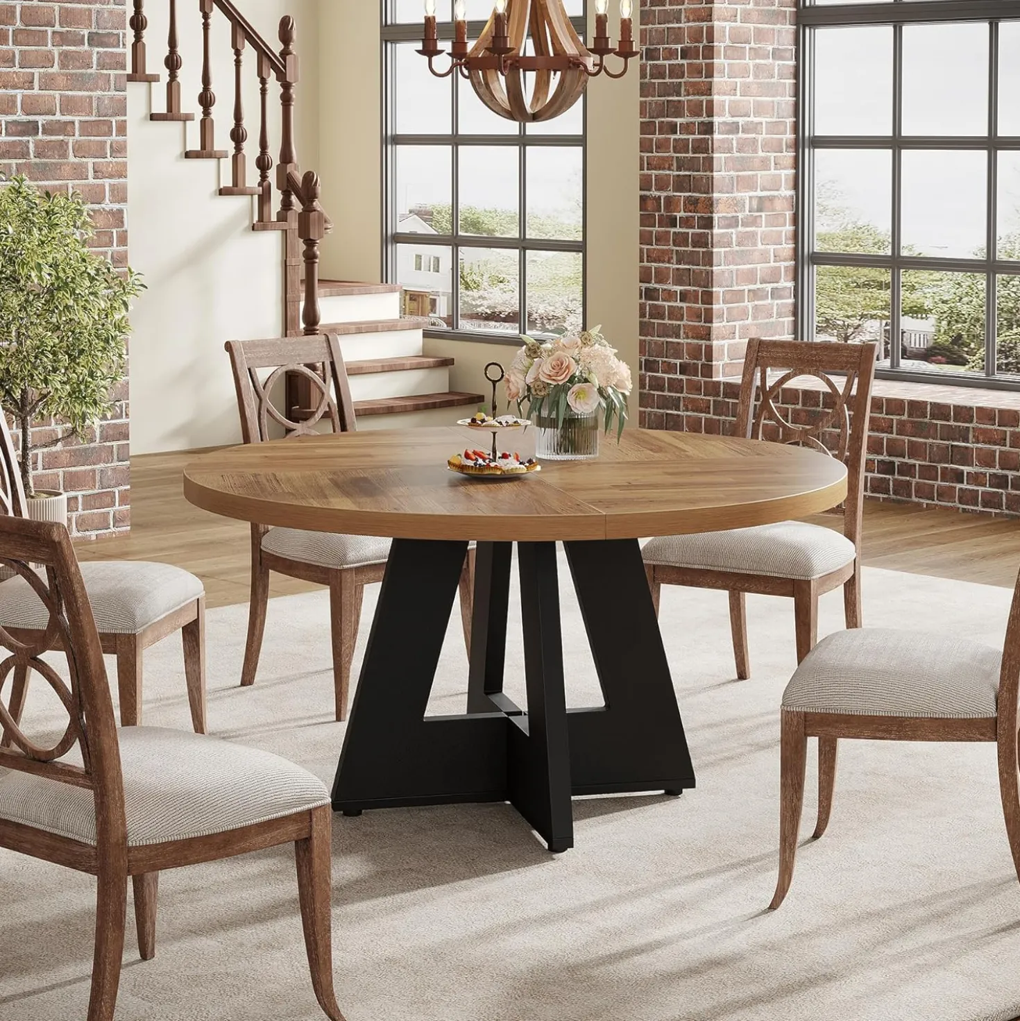 47-Inch Round Farmhouse Dining Table for 4–6 with Cross-Style Pedestal Base