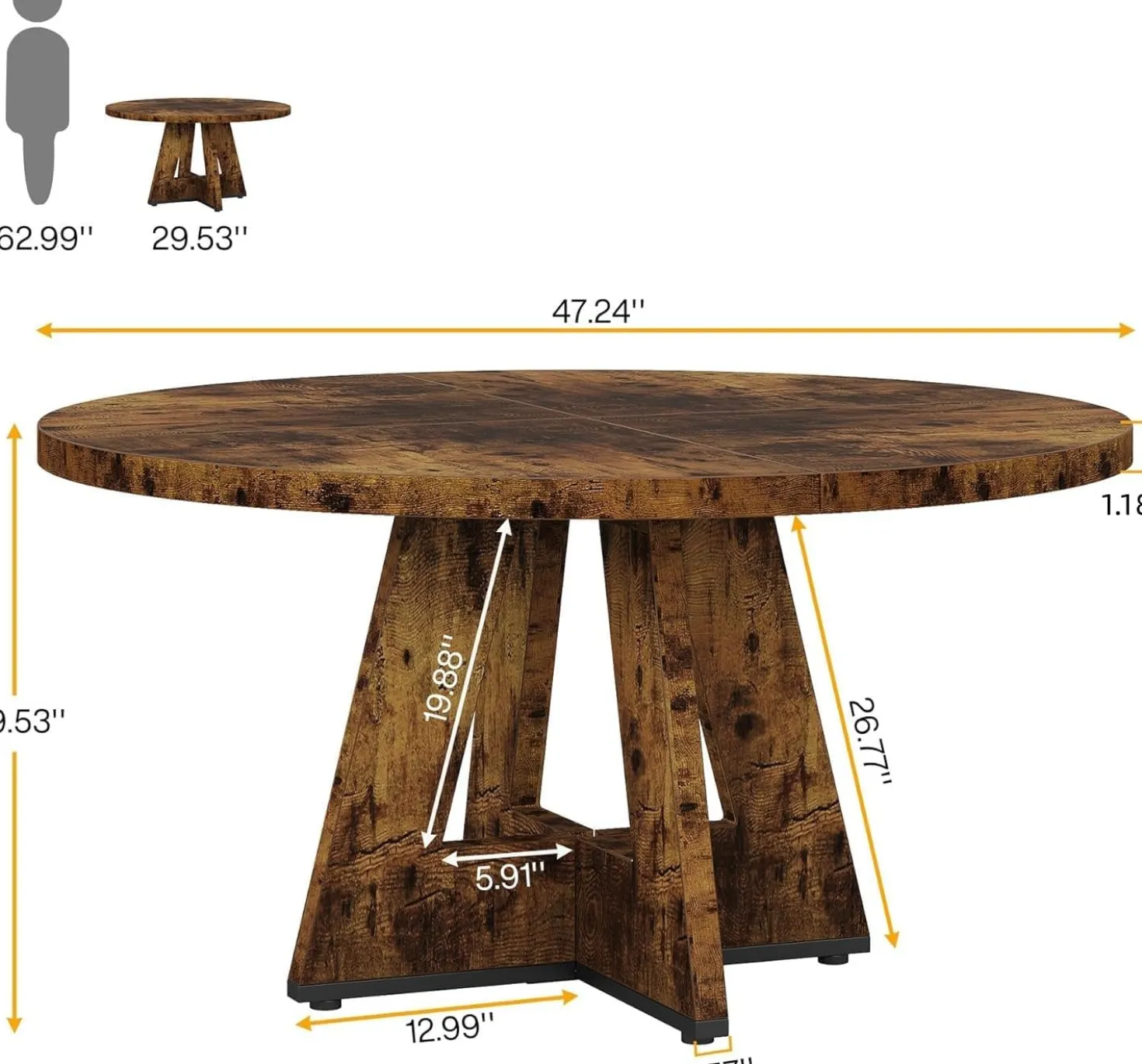 47-Inch Round Farmhouse Dining Table for 4–6 with Cross-Style Pedestal Base