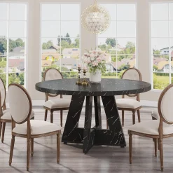 47-Inch Round Farmhouse Dining Table for 4–6 with Cross-Style Pedestal Base