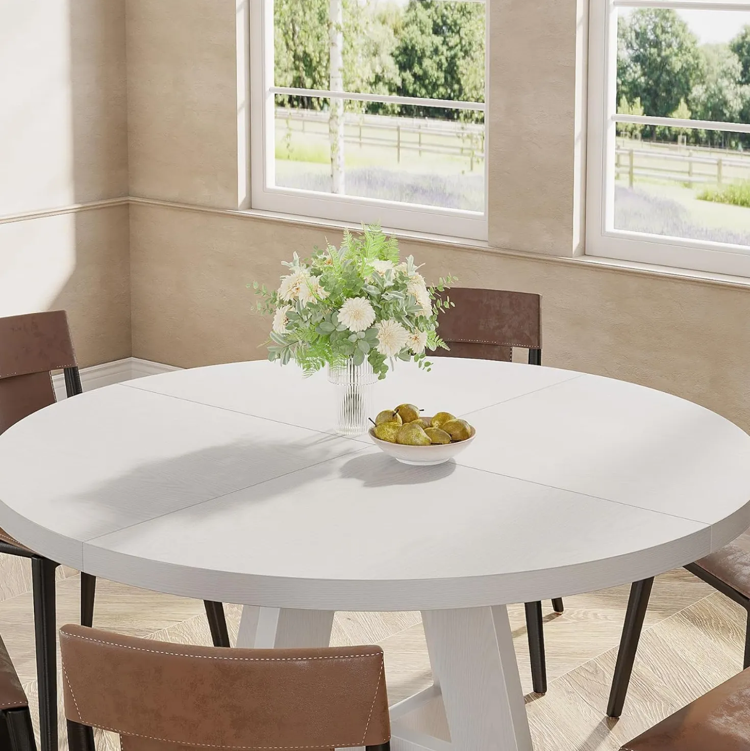 47-Inch Round Farmhouse Dining Table for 4–6 with Cross-Style Pedestal Base
