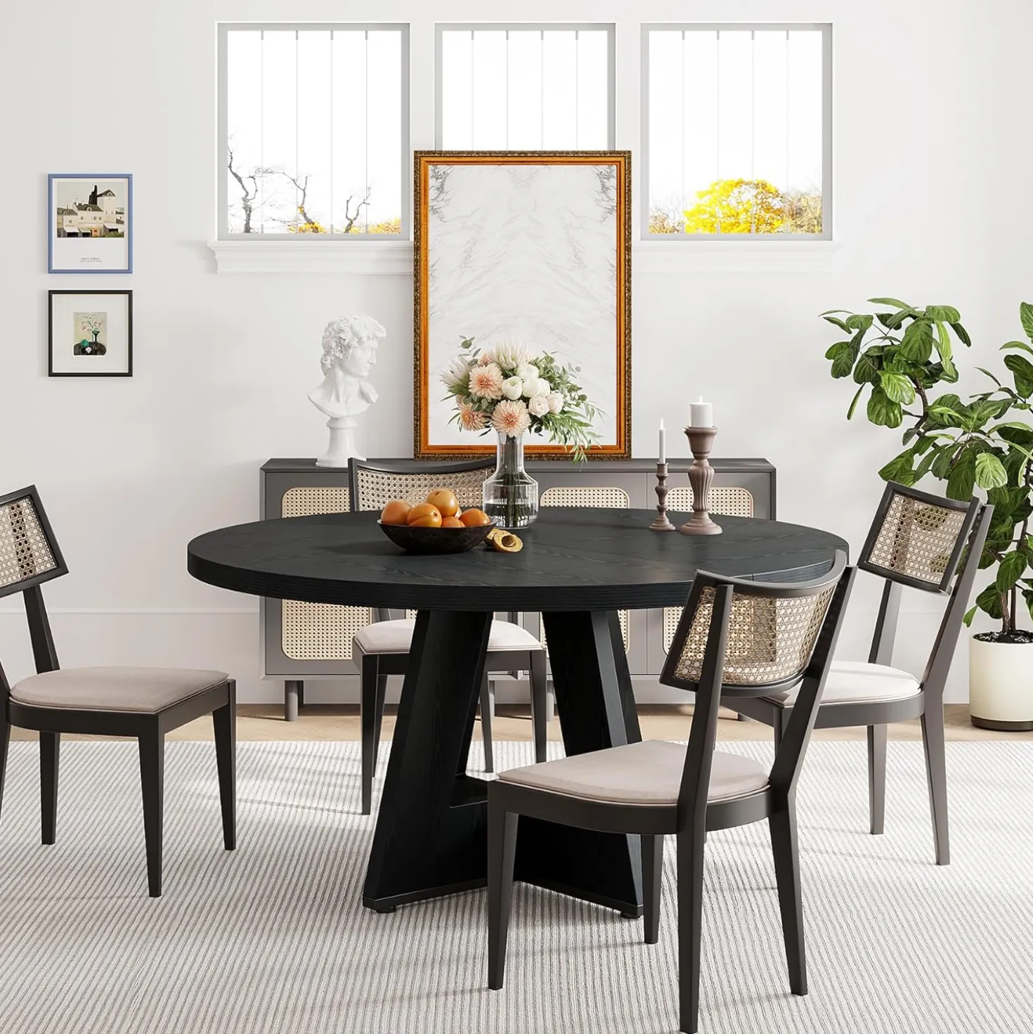 47-Inch Round Farmhouse Dining Table for 4–6 with Cross-Style Pedestal Base