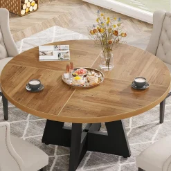 47-Inch Round Farmhouse Dining Table for 4–6 with Cross-Style Pedestal Base