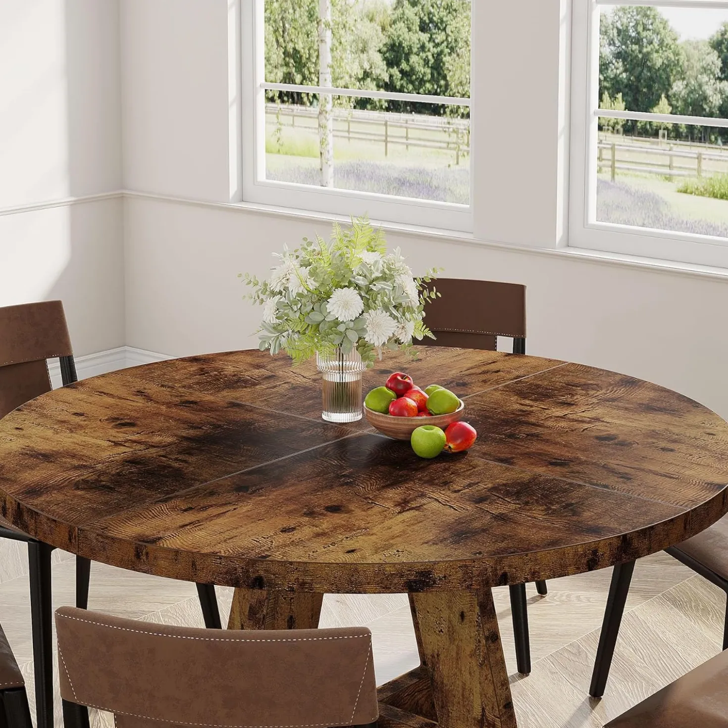 47-Inch Round Farmhouse Dining Table for 4–6 with Cross-Style Pedestal Base