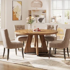 47-Inch Round Farmhouse Dining Table for 4–6 with Cross-Style Pedestal Base