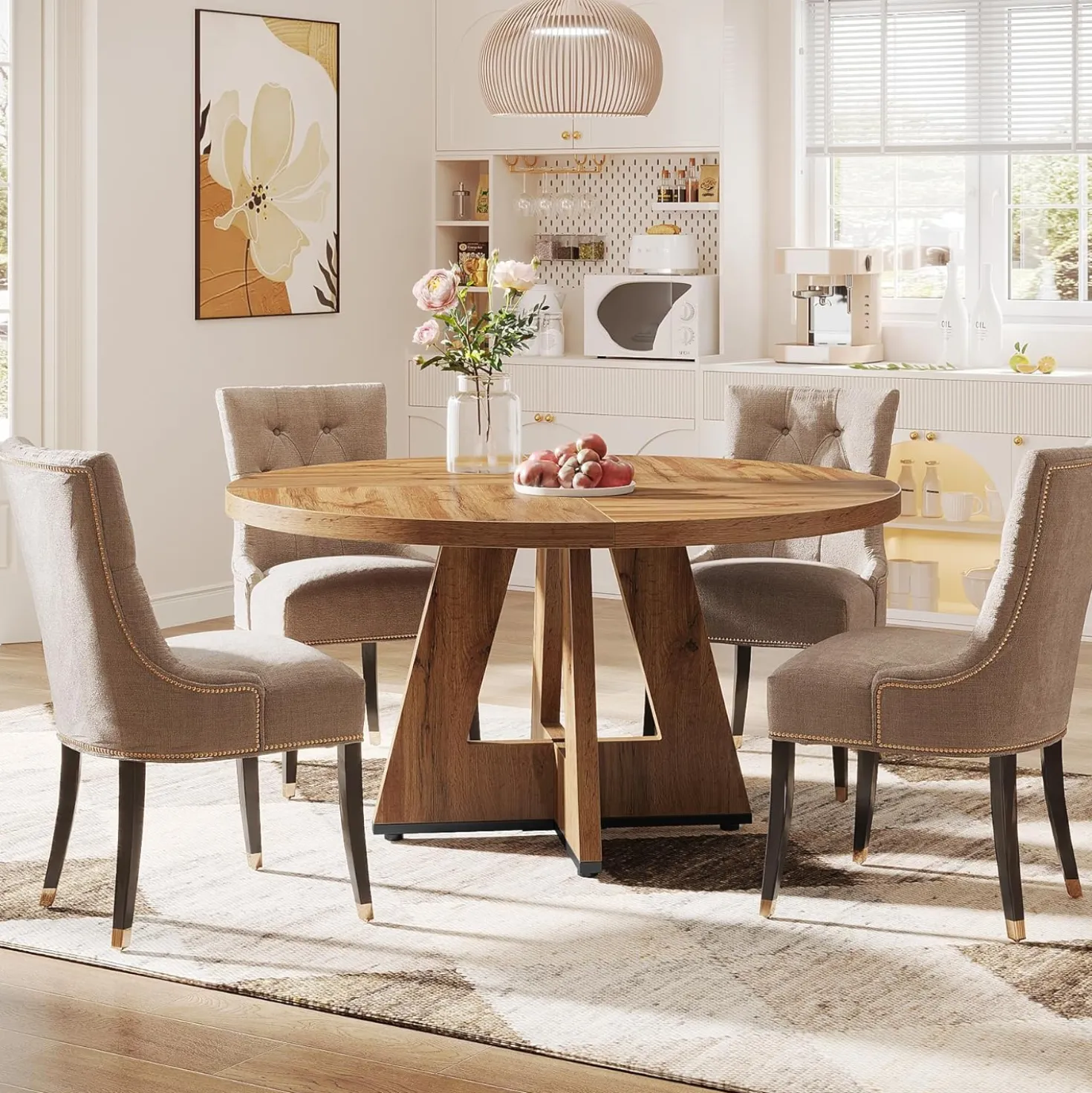 47-Inch Round Farmhouse Dining Table for 4–6 with Cross-Style Pedestal Base