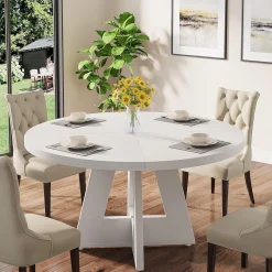 47-Inch Round Farmhouse Dining Table for 4–6 with Cross-Style Pedestal Base