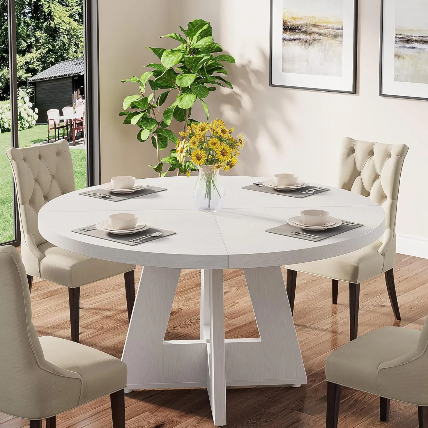 47-Inch Round Farmhouse Dining Table for 4–6 with Cross-Style Pedestal Base