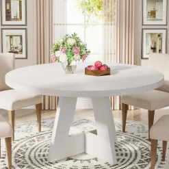 47-Inch Round Farmhouse Dining Table for 4–6 with Cross-Style Pedestal Base