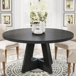 47-Inch Round Farmhouse Dining Table for 4–6 with Cross-Style Pedestal Base