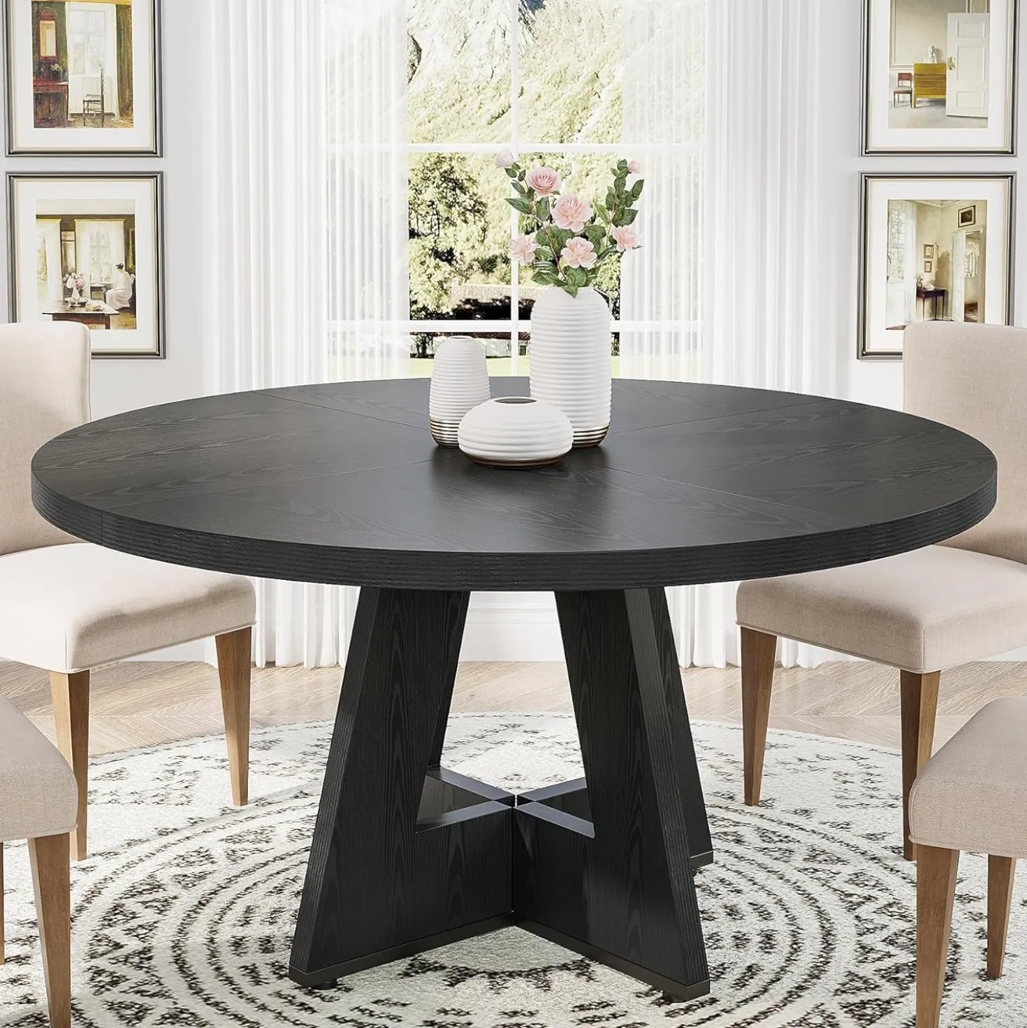 47-Inch Round Farmhouse Dining Table for 4–6 with Cross-Style Pedestal Base
