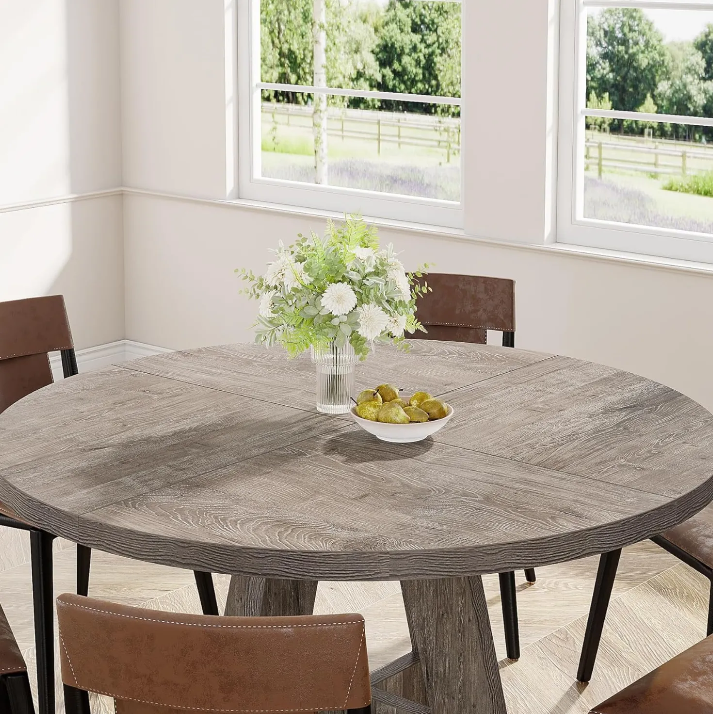 47-Inch Round Farmhouse Dining Table for 4–6 with Cross-Style Pedestal Base