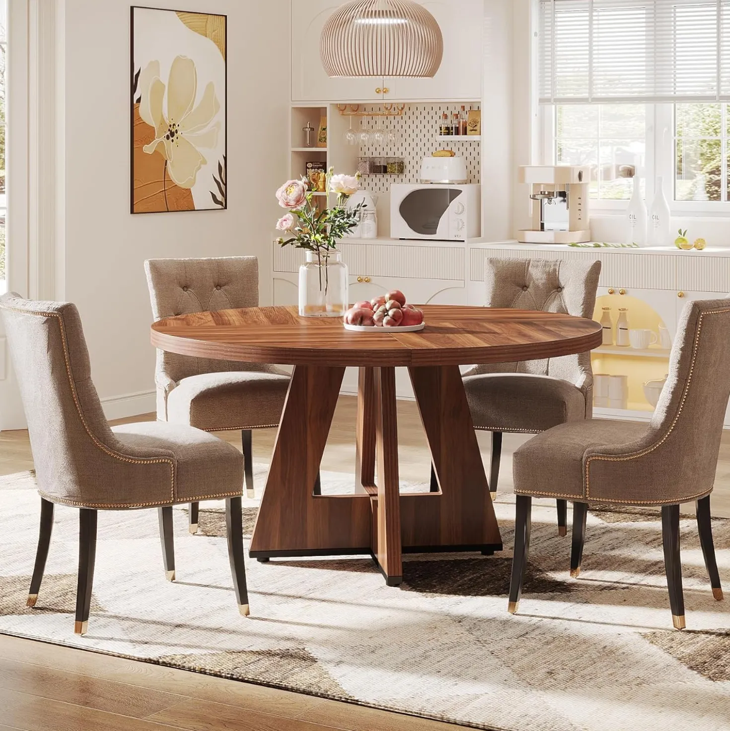47-Inch Round Farmhouse Dining Table for 4–6 with Cross-Style Pedestal Base