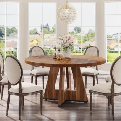 47-Inch Round Farmhouse Dining Table for 4–6 with Cross-Style Pedestal Base