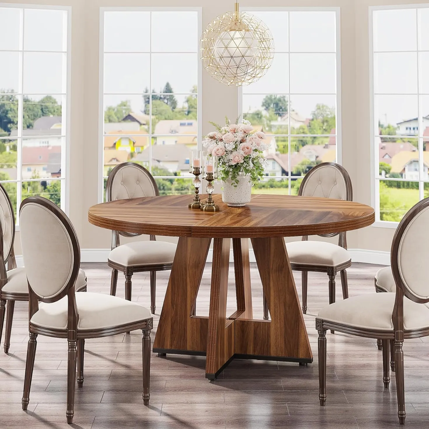 47-Inch Round Farmhouse Dining Table for 4–6 with Cross-Style Pedestal Base
