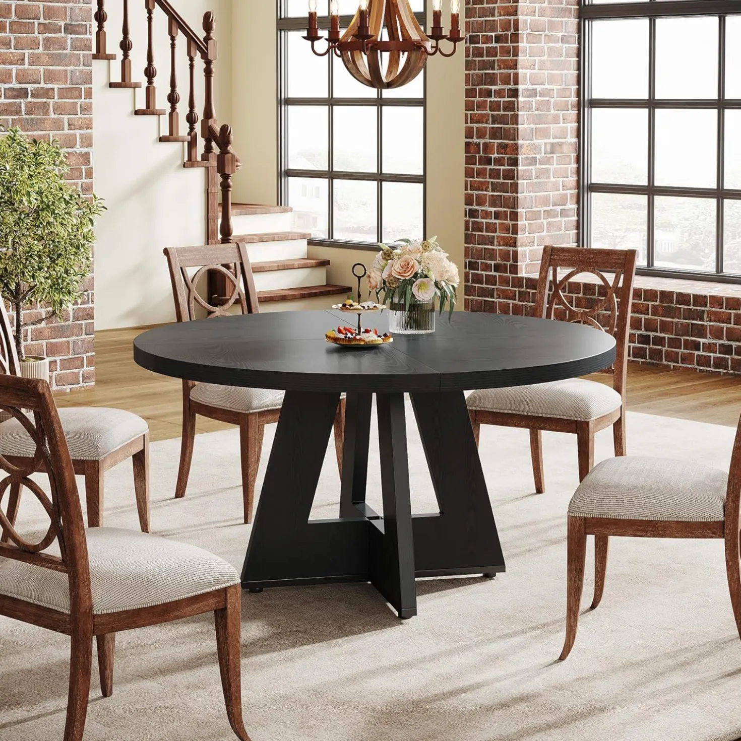 47-Inch Round Farmhouse Dining Table for 4–6 with Cross-Style Pedestal Base