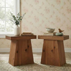 23.6-Inch Solid Wood End Table with Trapezoid Base, Small Walnut Side Taable for Living Room