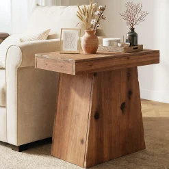 23.6-Inch Solid Wood End Table with Trapezoid Base, Small Walnut Side Taable for Living Room