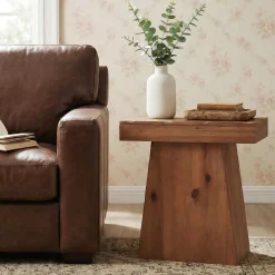 23.6-Inch Solid Wood End Table with Trapezoid Base, Small Walnut Side Taable for Living Room