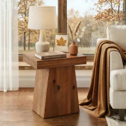 23.6-Inch Solid Wood End Table with Trapezoid Base, Small Walnut Side Taable for Living Room