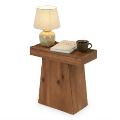 23.6-Inch Solid Wood End Table with Trapezoid Base, Small Walnut Side Taable for Living Room