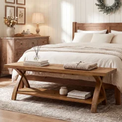 47.2-Inch Solid Wood Entryway Bench with Shoe Storage, 2-Tier Rustic Indoor End of Bed Bench