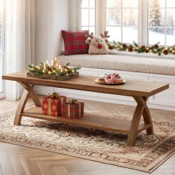 47.2-Inch Solid Wood Entryway Bench with Shoe Storage, 2-Tier Rustic Indoor End of Bed Bench