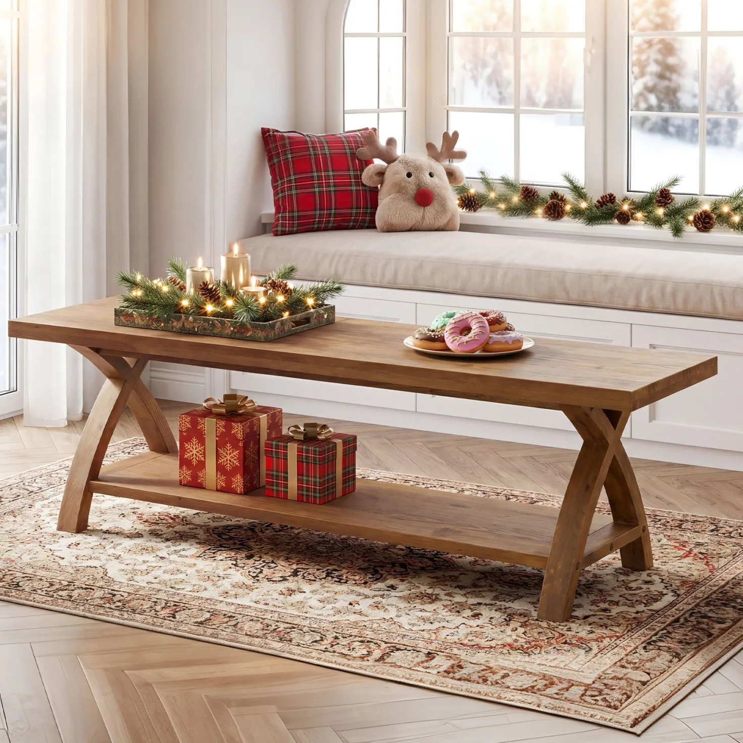 47.2-Inch Solid Wood Entryway Bench with Shoe Storage, 2-Tier Rustic Indoor End of Bed Bench