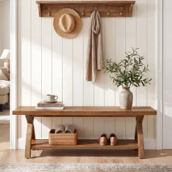 47.2-Inch Solid Wood Entryway Bench with Shoe Storage, 2-Tier Rustic Indoor End of Bed Bench