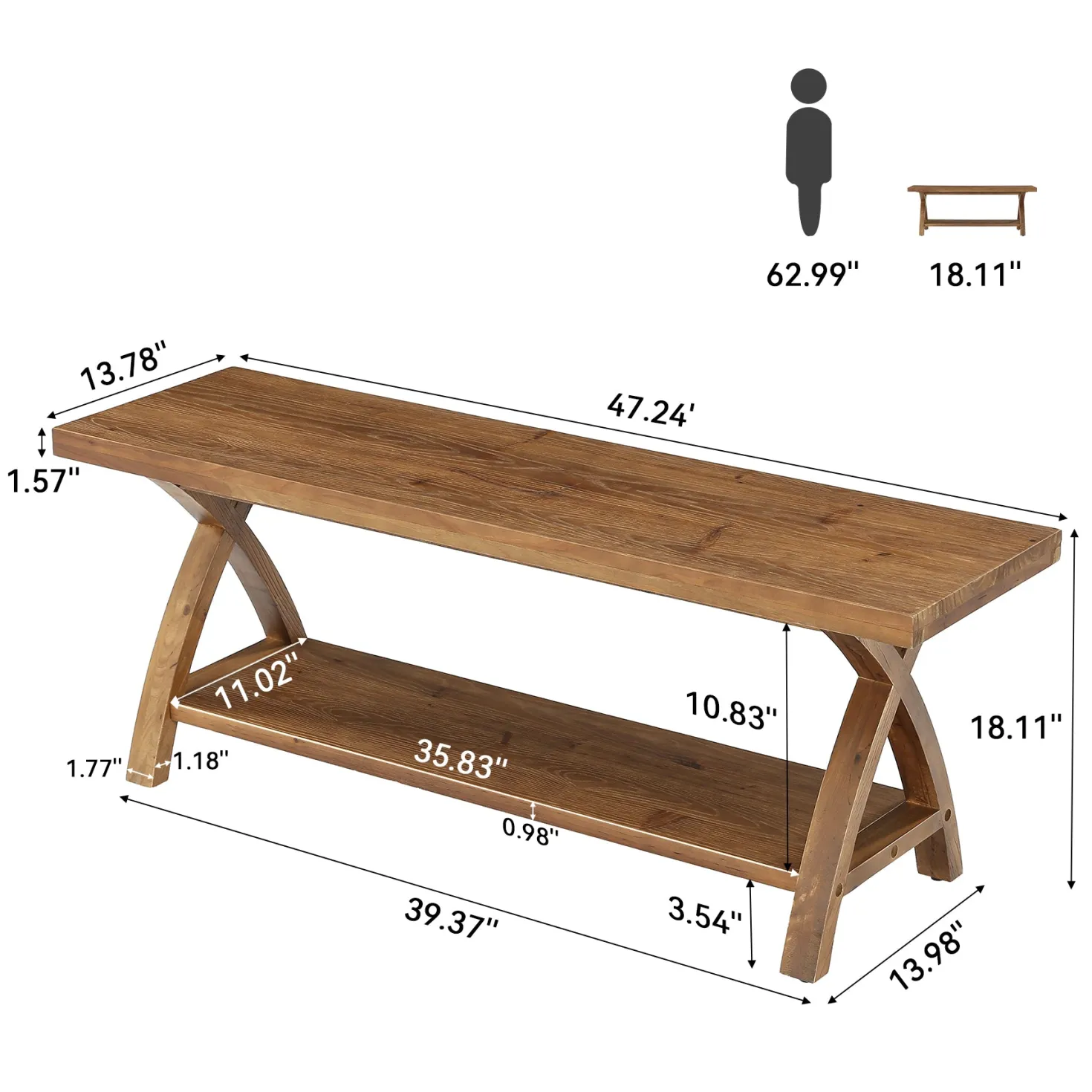 47.2-Inch Solid Wood Entryway Bench with Shoe Storage, 2-Tier Rustic Indoor End of Bed Bench