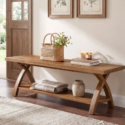 47.2-Inch Solid Wood Entryway Bench with Shoe Storage, 2-Tier Rustic Indoor End of Bed Bench