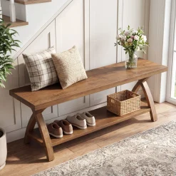 47.2-Inch Solid Wood Entryway Bench with Shoe Storage, 2-Tier Rustic Indoor End of Bed Bench