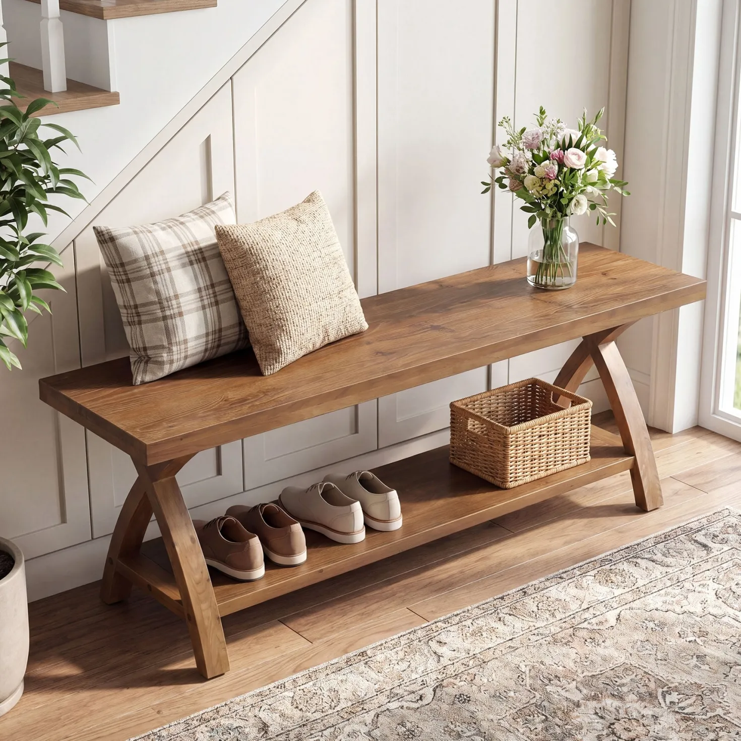 47.2-Inch Solid Wood Entryway Bench with Shoe Storage, 2-Tier Rustic Indoor End of Bed Bench