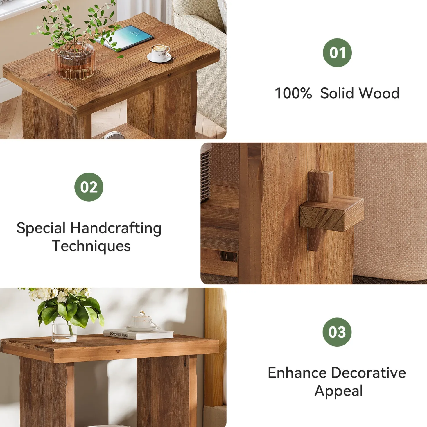 23.62-Inch Solid Wood Nightstand with Storage, Farmhouse Bedside Table with Wooden Base for Bedroom