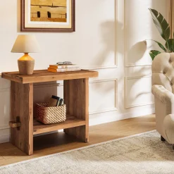23.62-Inch Solid Wood Nightstand with Storage, Farmhouse Bedside Table with Wooden Base for Bedroom