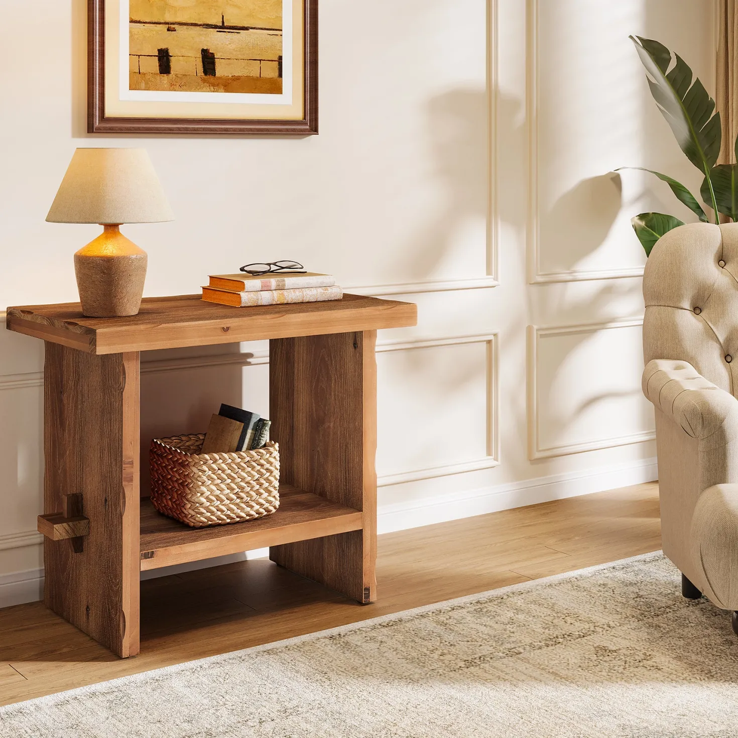 23.62-Inch Solid Wood Nightstand with Storage, Farmhouse Bedside Table with Wooden Base for Bedroom