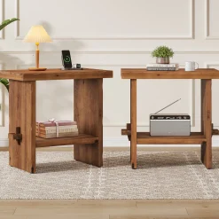 23.62-Inch Solid Wood Nightstand with Storage, Farmhouse Bedside Table with Wooden Base for Bedroom