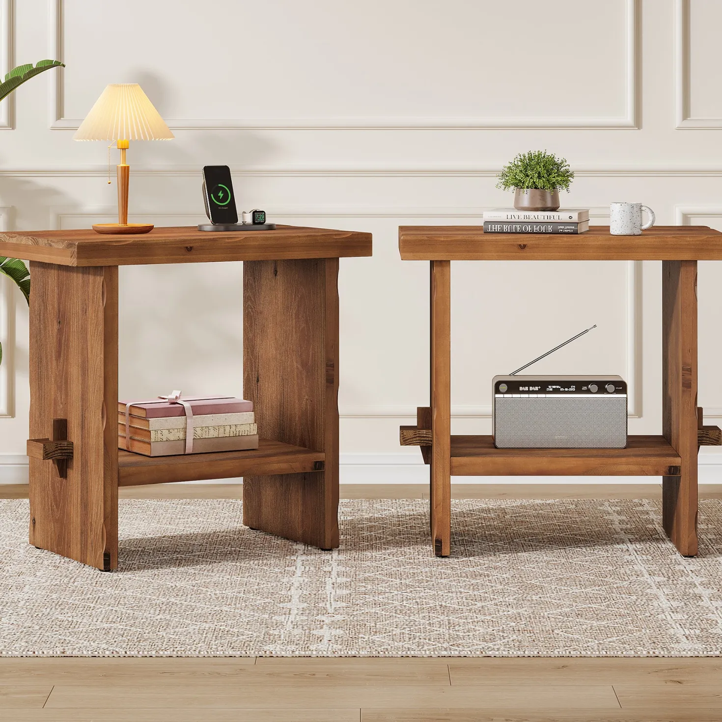 23.62-Inch Solid Wood Nightstand with Storage, Farmhouse Bedside Table with Wooden Base for Bedroom