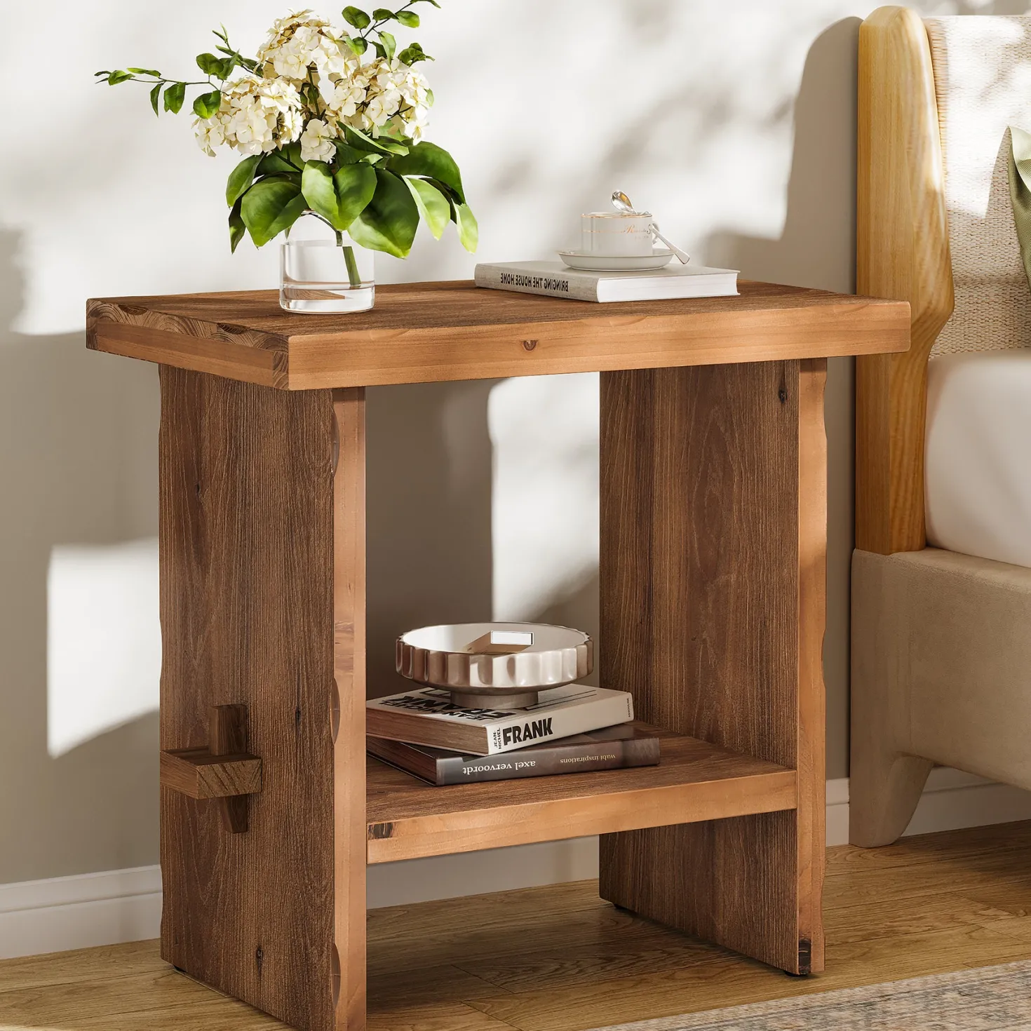 23.62-Inch Solid Wood Nightstand with Storage, Farmhouse Bedside Table with Wooden Base for Bedroom