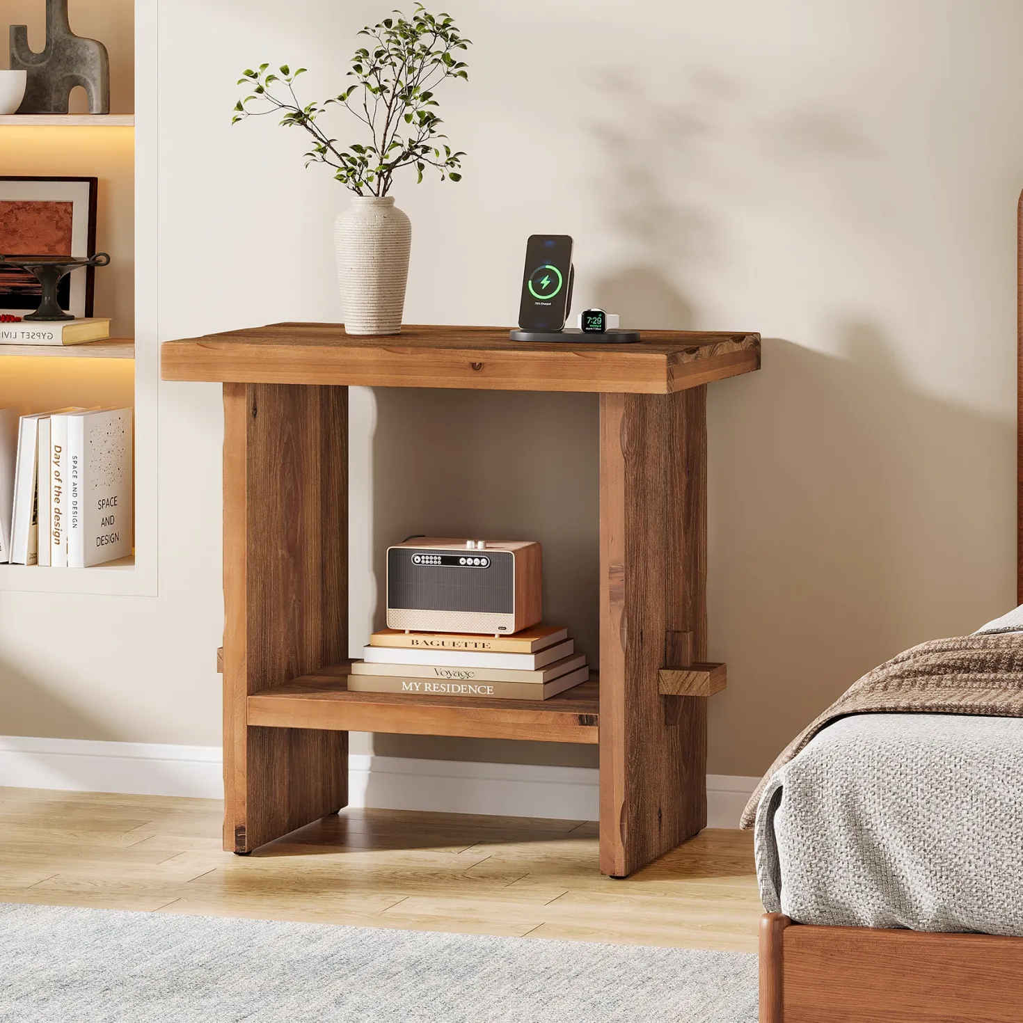 23.62-Inch Solid Wood Nightstand with Storage, Farmhouse Bedside Table with Wooden Base for Bedroom
