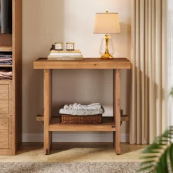 23.62-Inch Solid Wood Nightstand with Storage, Farmhouse Bedside Table with Wooden Base for Bedroom