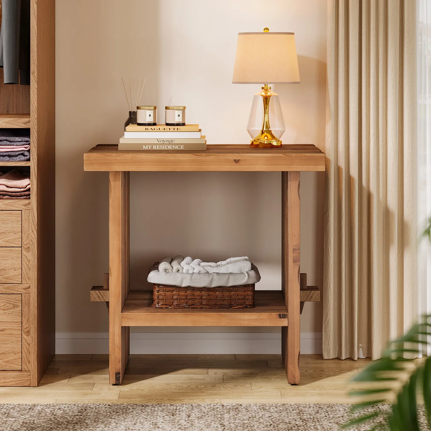 23.62-Inch Solid Wood Nightstand with Storage, Farmhouse Bedside Table with Wooden Base for Bedroom
