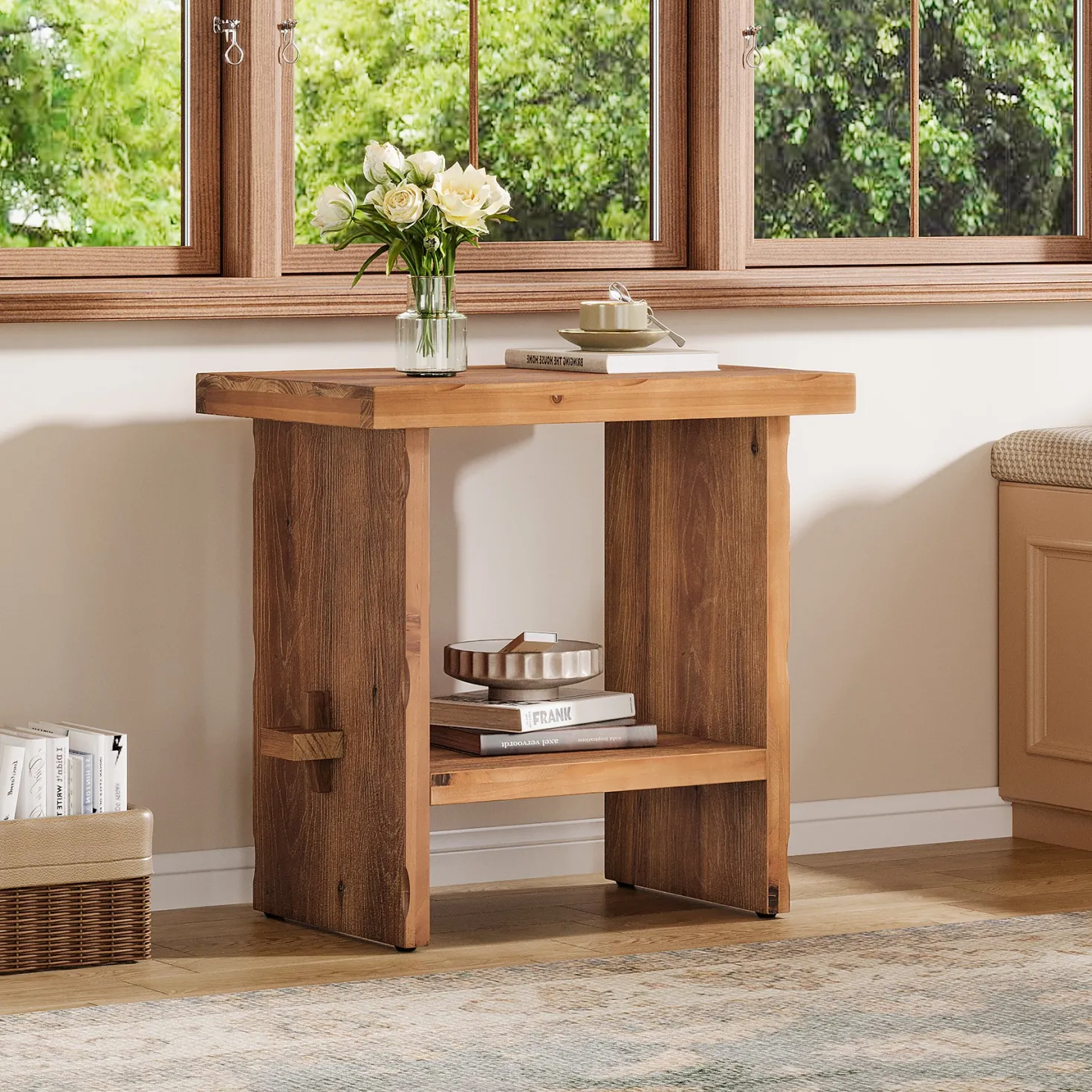 23.62-Inch Solid Wood Nightstand with Storage, Farmhouse Bedside Table with Wooden Base for Bedroom