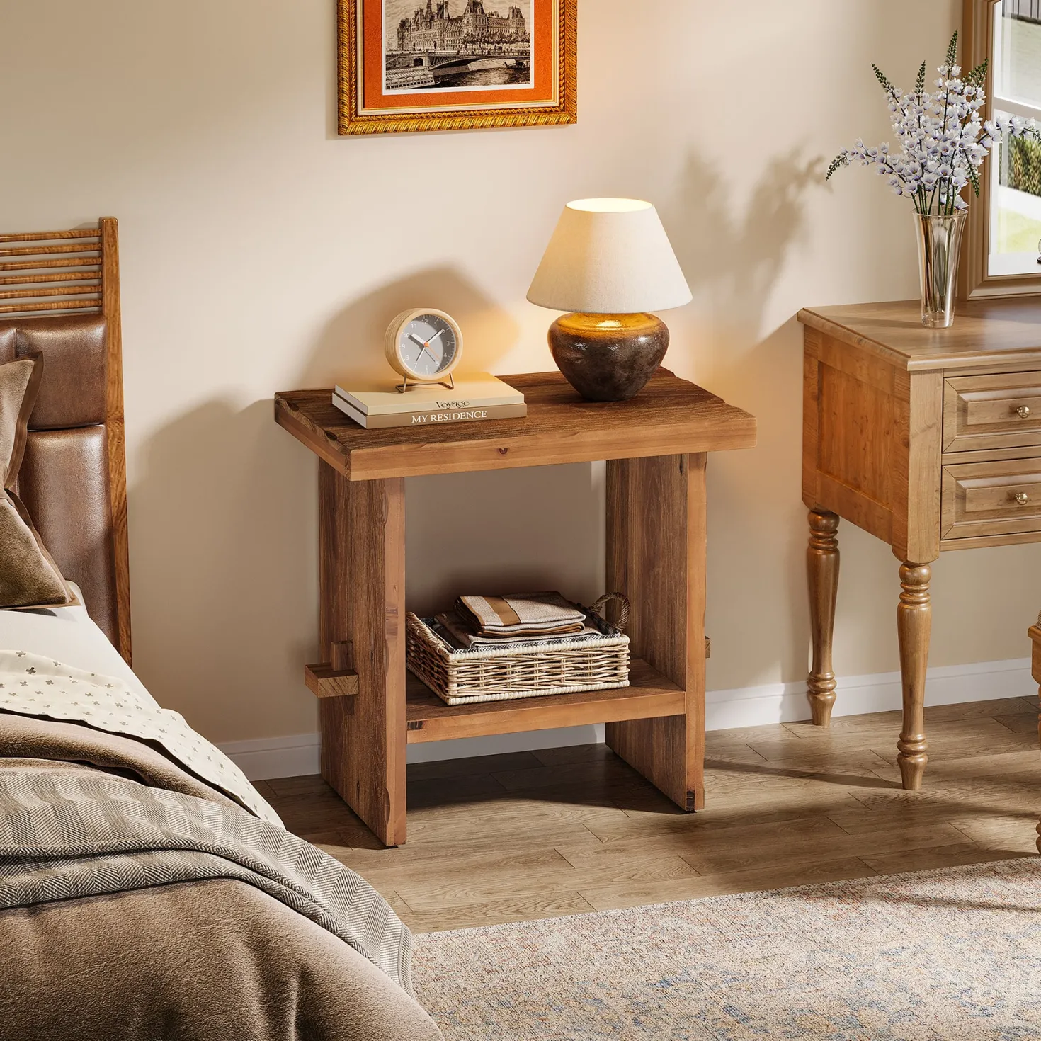 23.62-Inch Solid Wood Nightstand with Storage, Farmhouse Bedside Table with Wooden Base for Bedroom