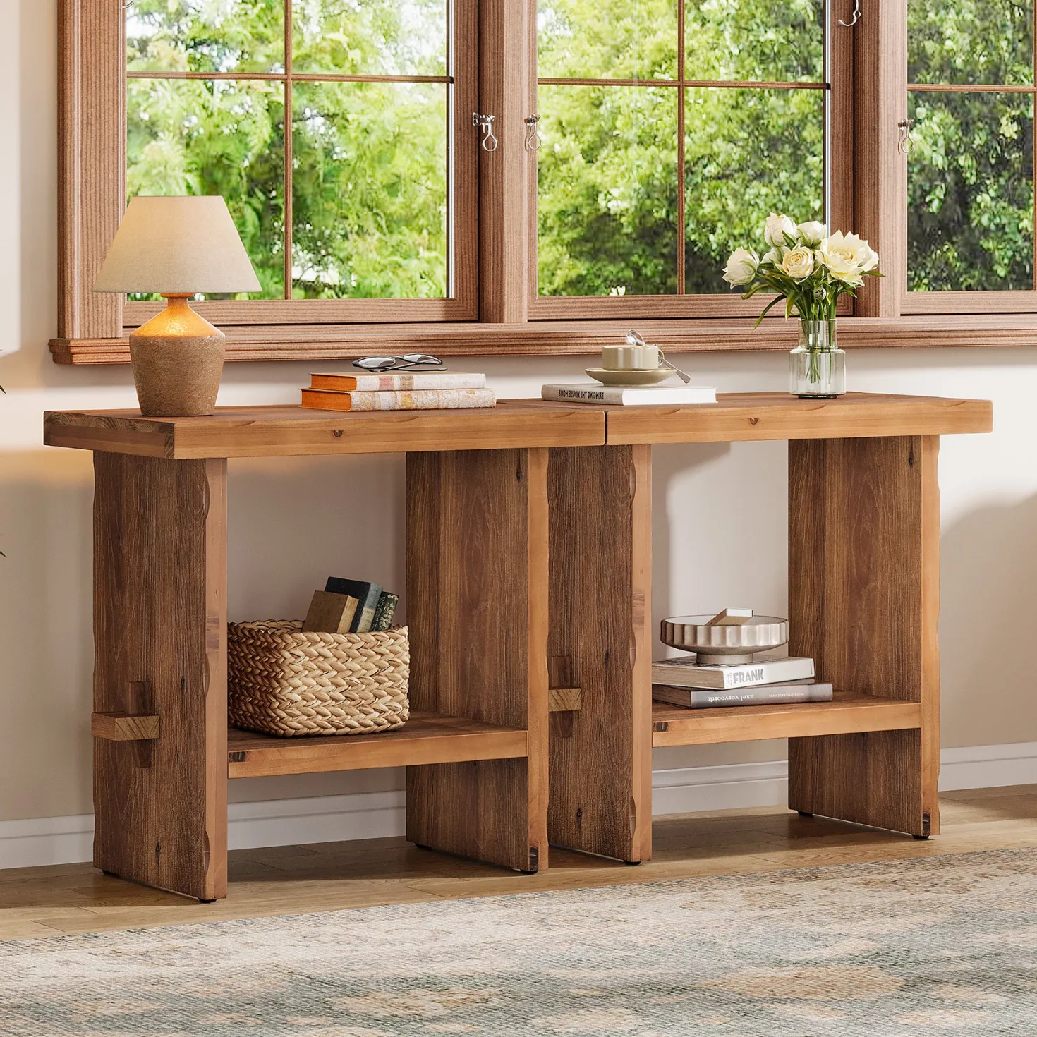 23.62-Inch Solid Wood Nightstand with Storage, Farmhouse Bedside Table with Wooden Base for Bedroom