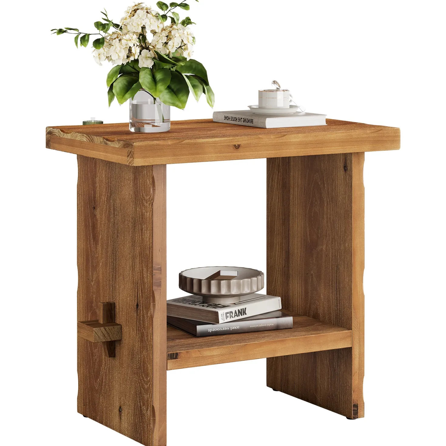 23.62-Inch Solid Wood Nightstand with Storage, Farmhouse Bedside Table with Wooden Base for Bedroom